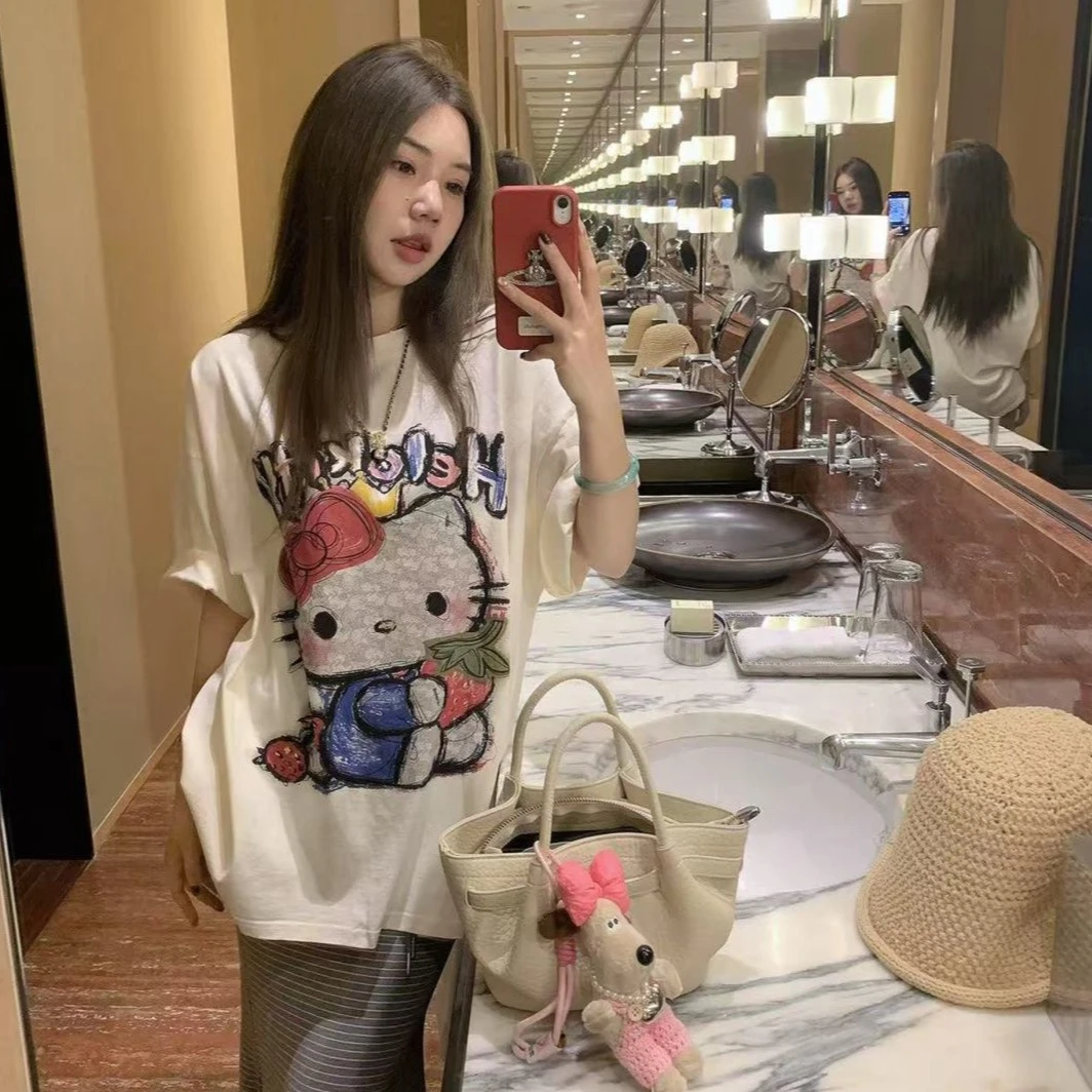 云朵kitty屋~可爱减龄卡通印花宽松短袖T恤女高腰半身裙两件套装