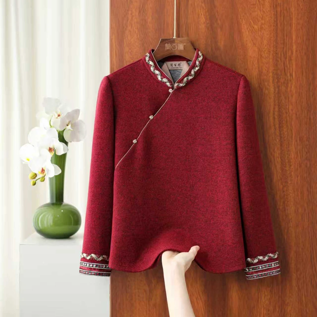 2025秋冬保暖九分袖长袖立领钉珠常规毛衣加厚复古中国风