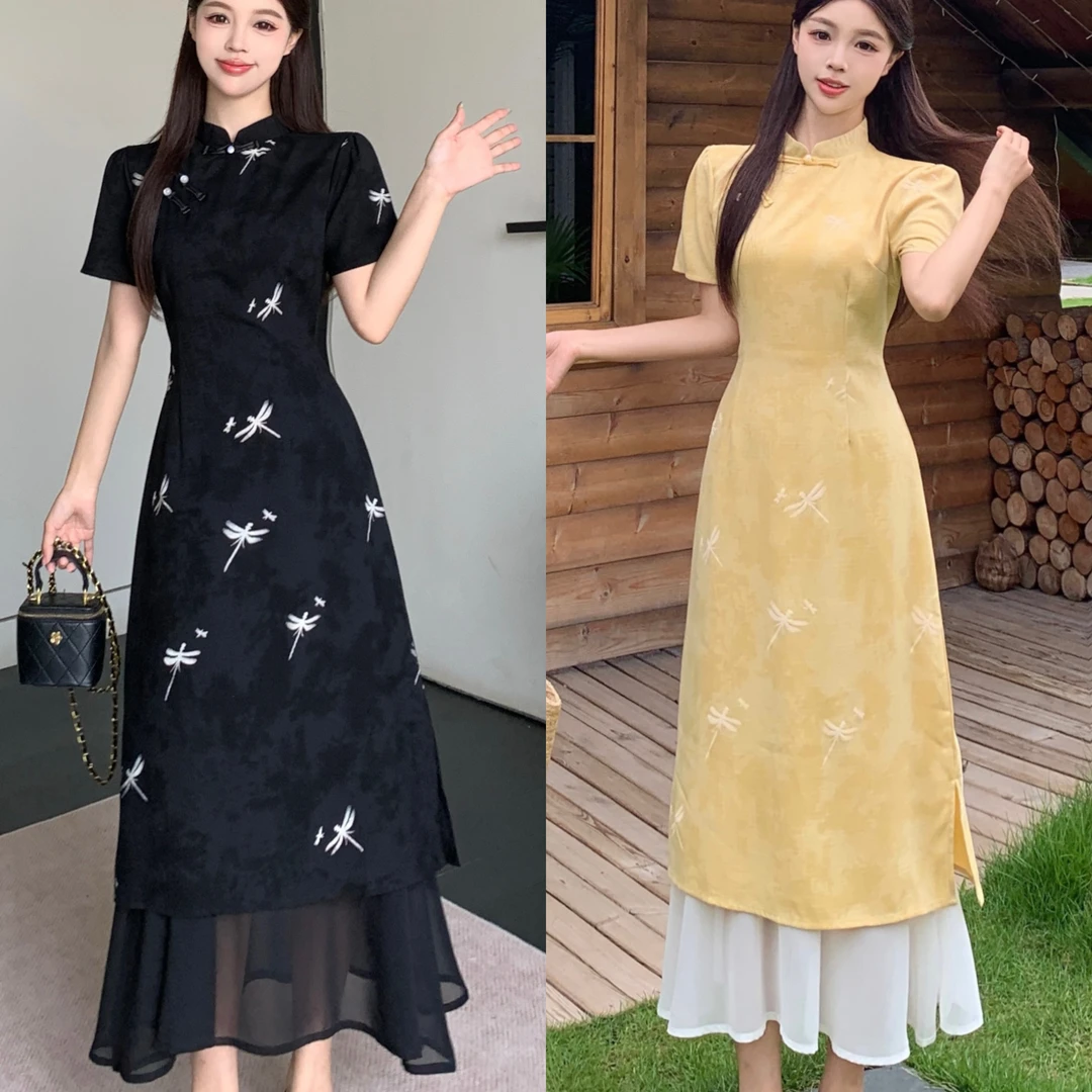 大码女装胖mm夏季新中式改良旗袍连衣裙高级感刺绣网纱拼接长裙子