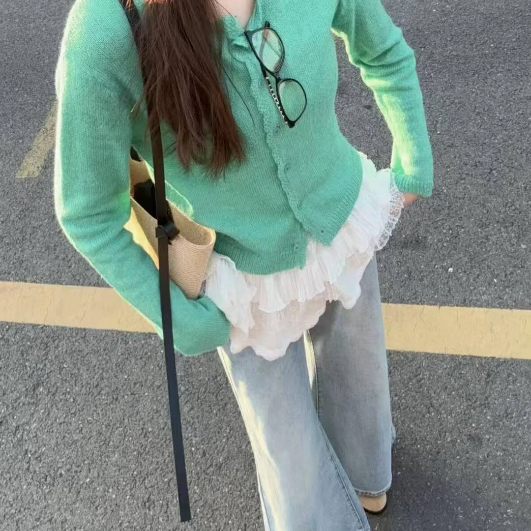 韩系甜美花边温柔系春季针织开衫毛衣女2025早春新款纯色长袖上衣