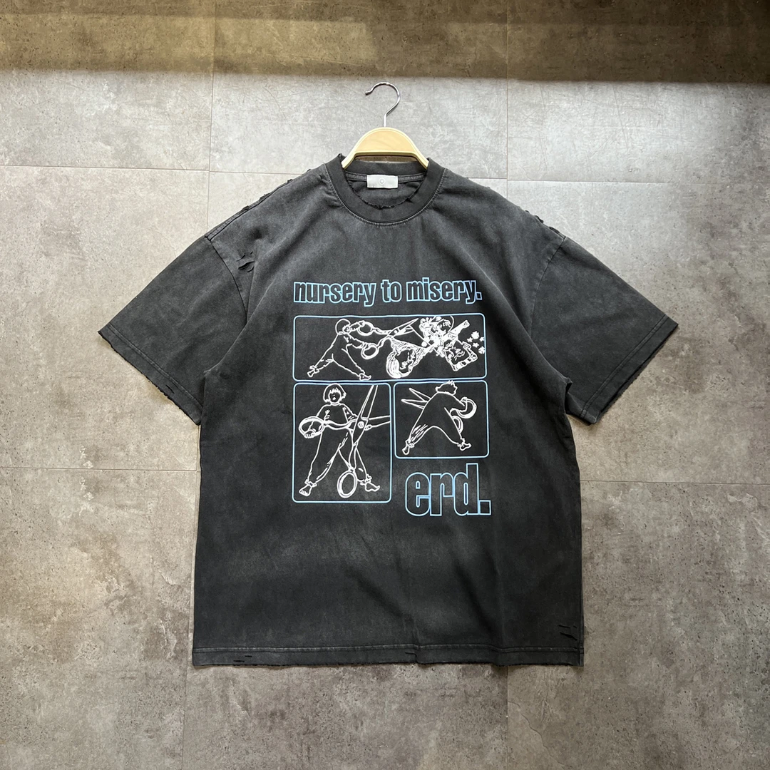 特价清货！300克重磅破洞古着做旧t半袖体恤卡通宽松短袖T恤男女潮