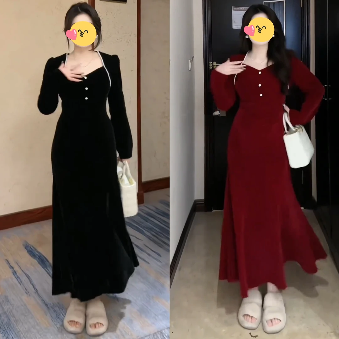 大码复古轻奢优雅高级感长裙女秋季胖mm显瘦法式赫本风丝绒连衣裙