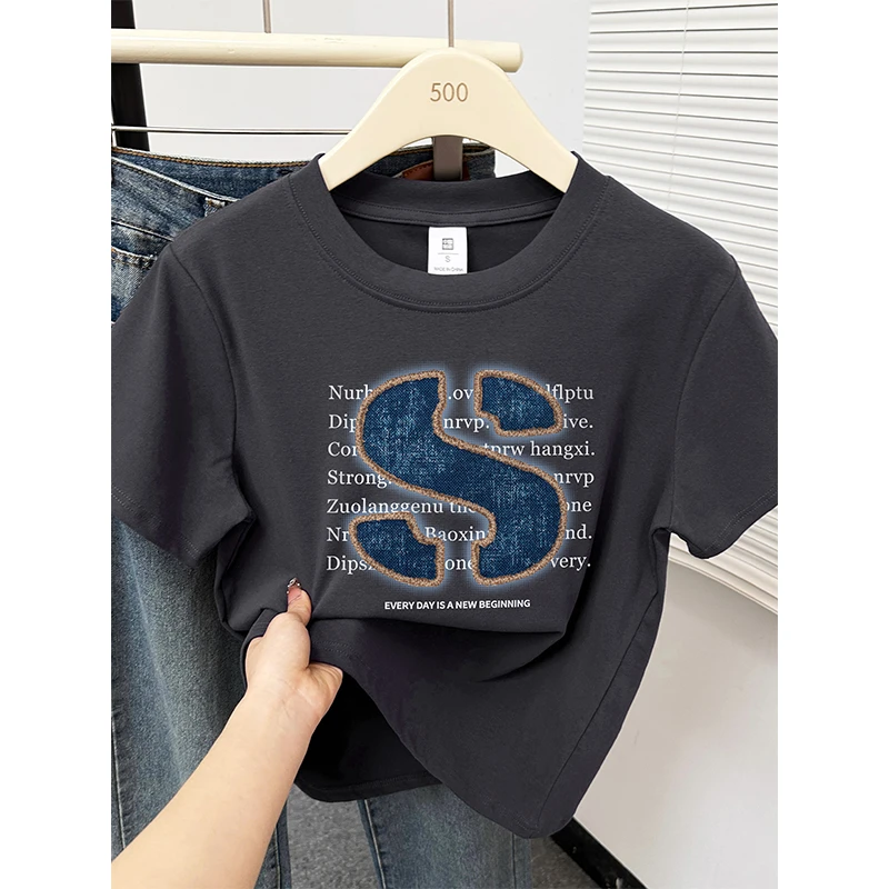 深灰色潮牌复古字母印花正肩短袖t恤女夏新款大码休闲百搭上衣服