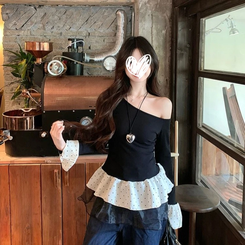 2025春季新款拼接网纱波点斜肩打底衫女长袖辣妹修身显瘦纯欲T恤
