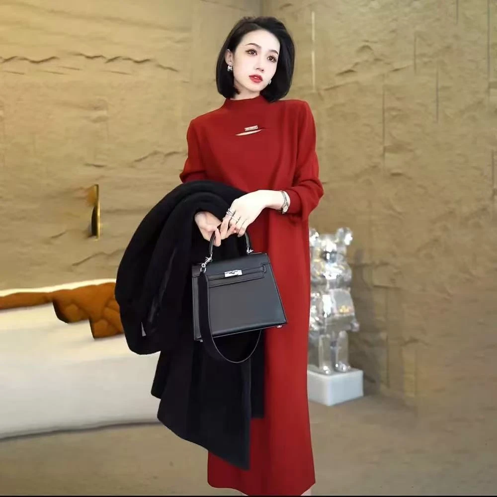 mulisha/穆丽莎配大衣针织连衣裙女过膝宽松显瘦纯色内搭打底长裙