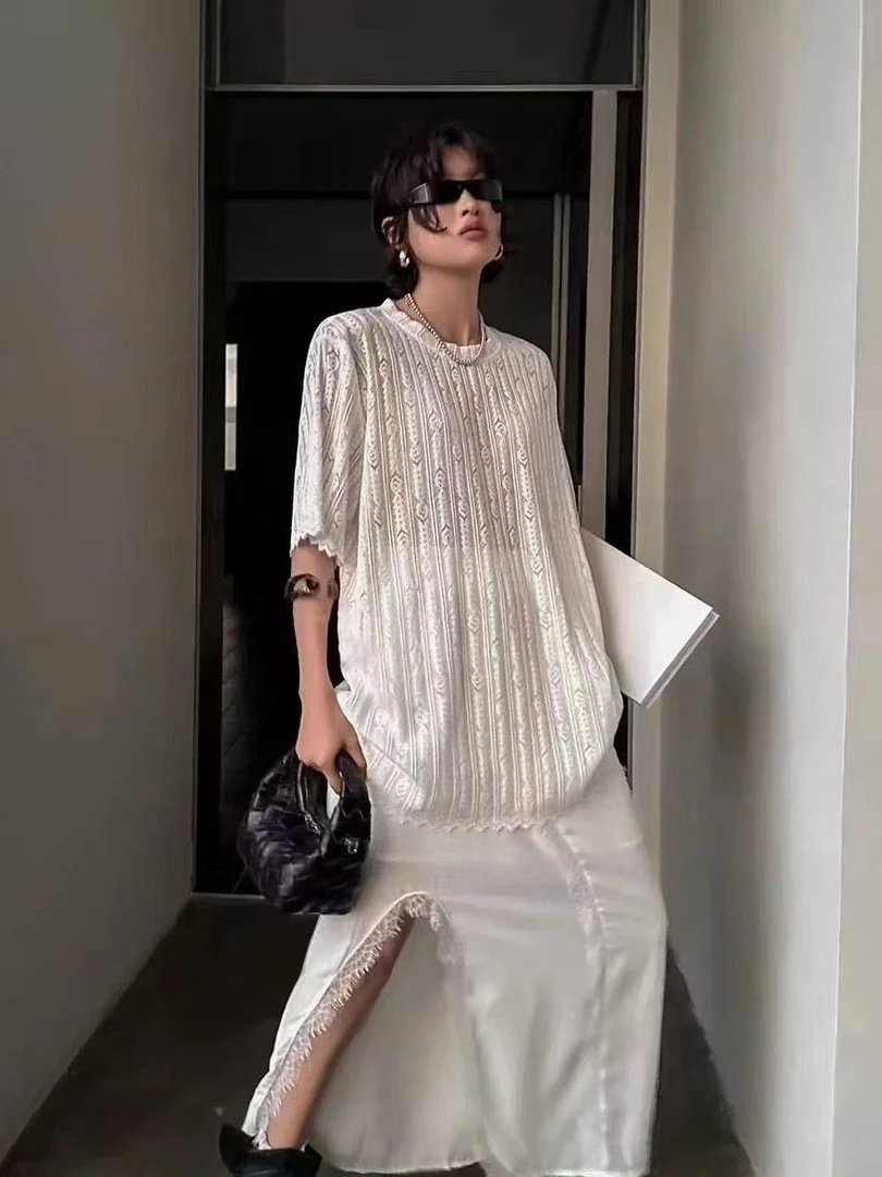 8268新款米白t恤女短袖韩版薄款圆领休闲针织打底衫百搭上衣夏季