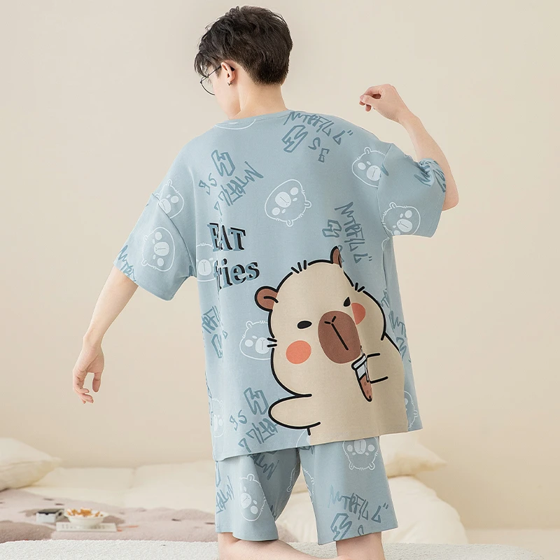 男士睡衣纯棉夏季卡通短袖短裤套装男款加大码青少年可外穿家居服