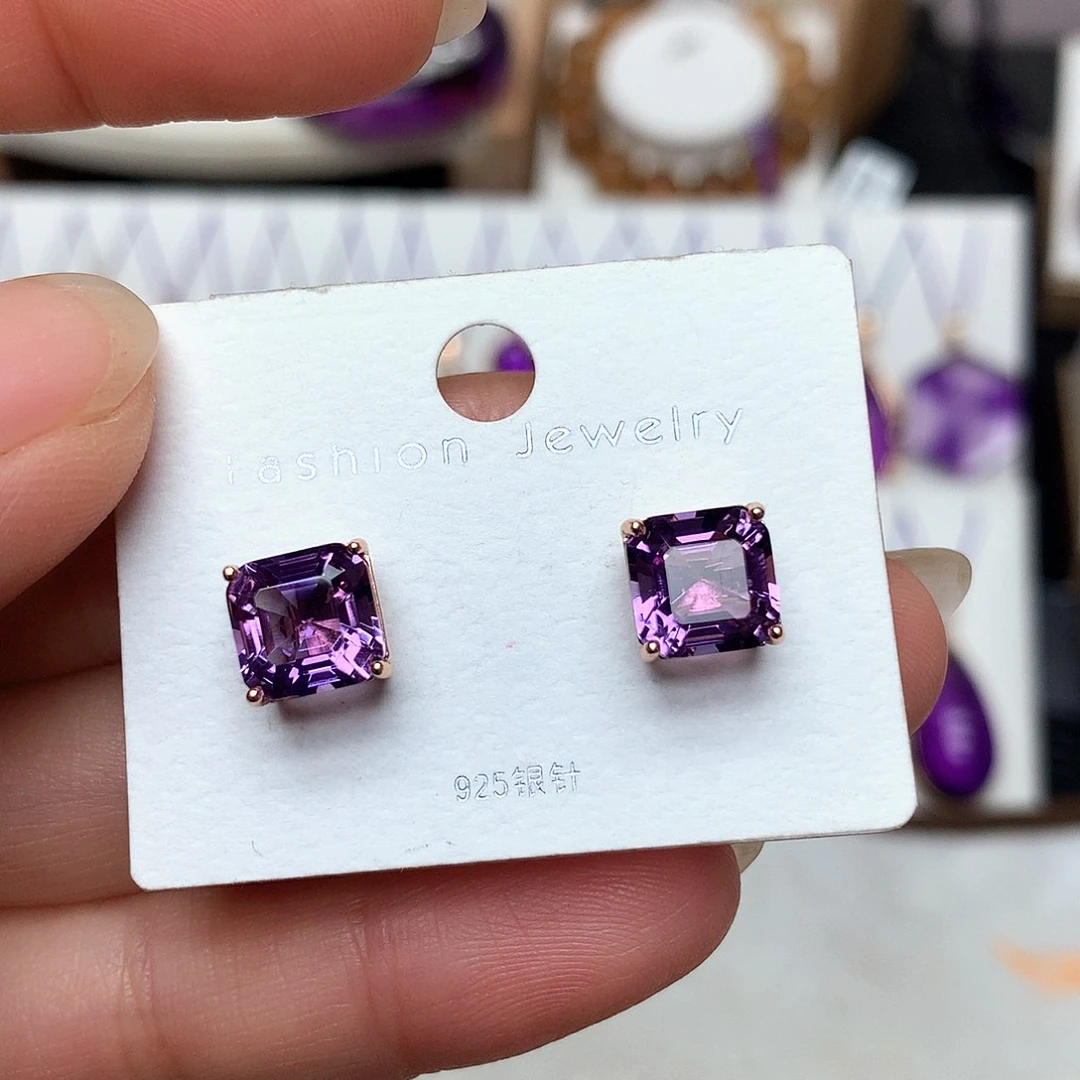 银S925镶嵌耳钉紫晶L方糖