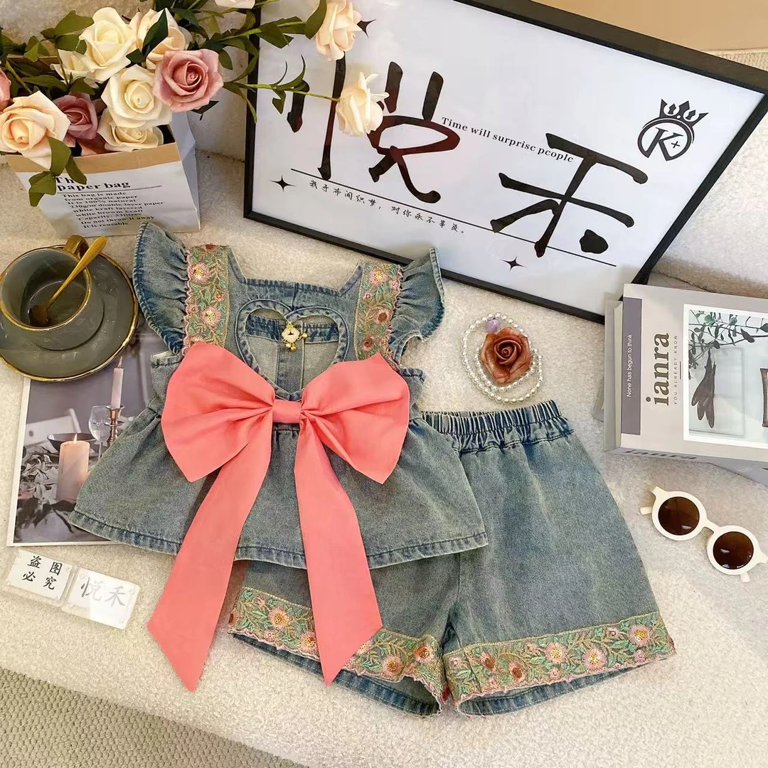 SD女童套装粉色夏季新款个性粉色蝴蝶结休闲洋气儿童套装80606