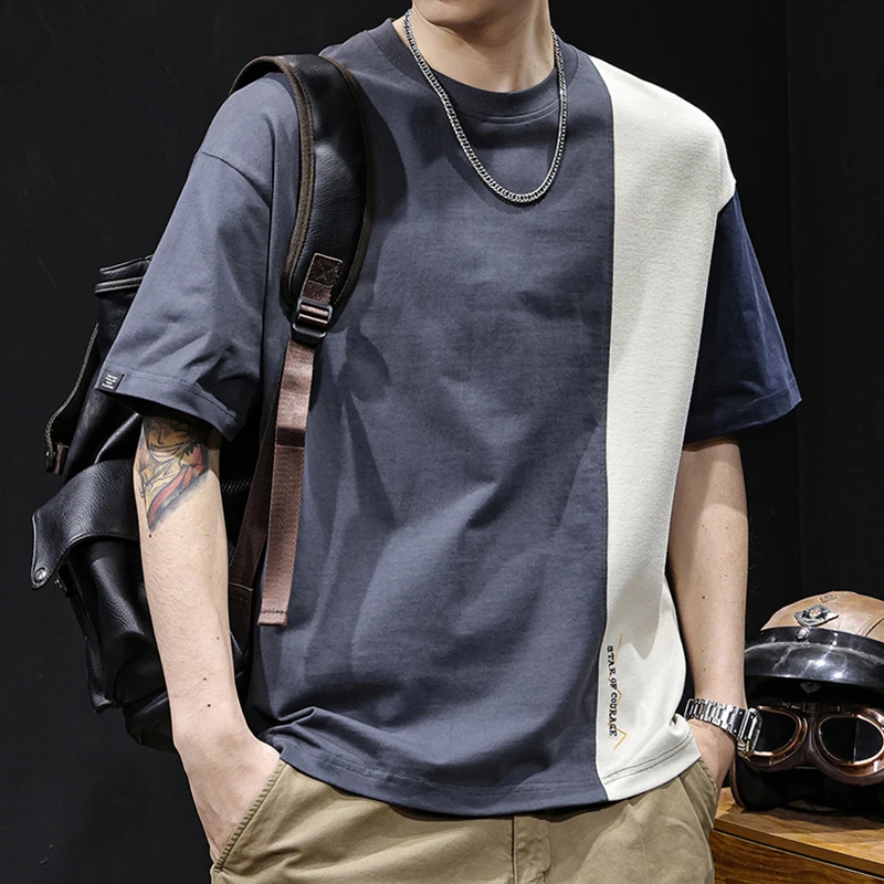 U&PURA撞色拼接重磅短袖t恤男士宽松大码夏季2025新款高端体恤