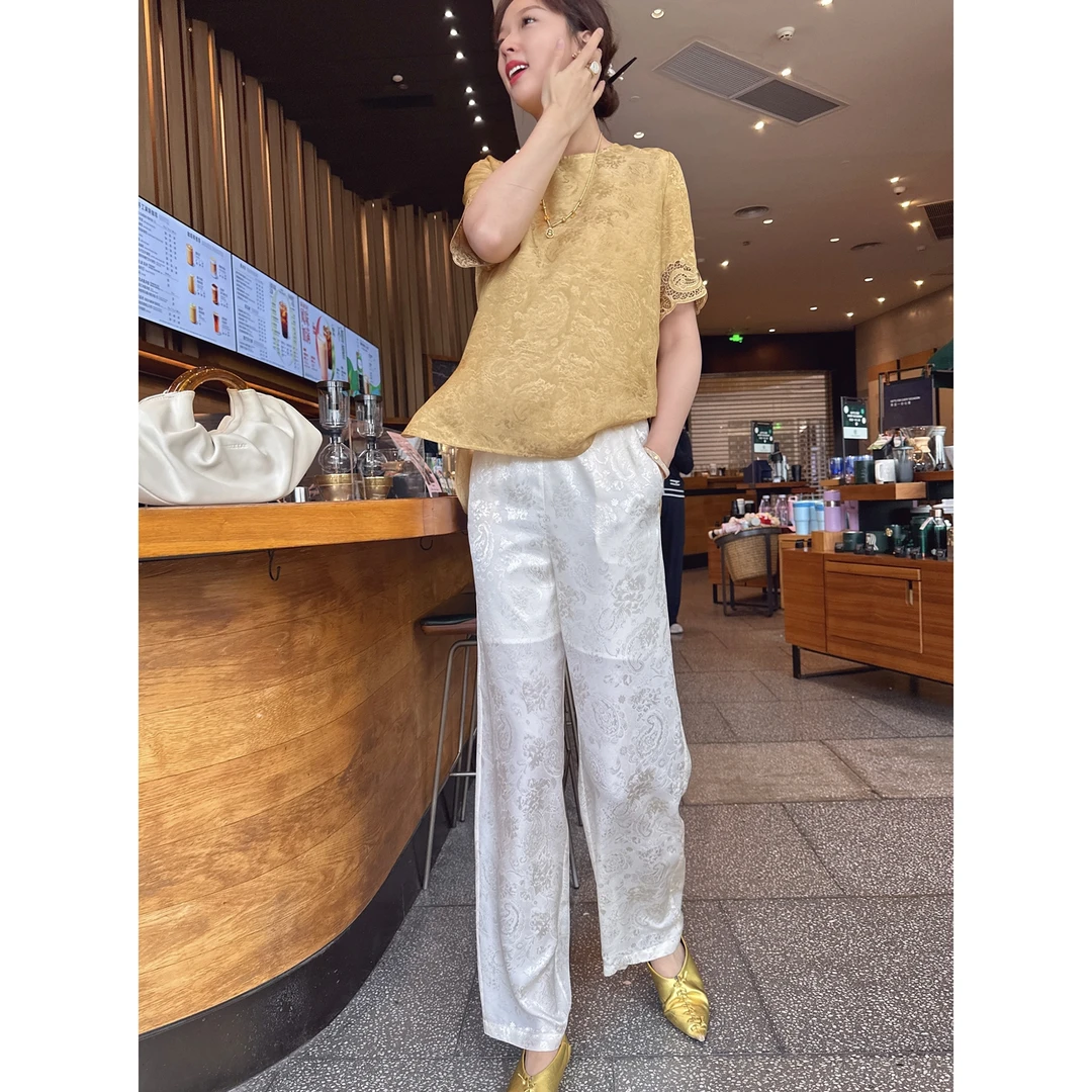 【深圳罗依】原创真丝衬衫女桑蚕丝腰果花镂空绣花新中式短袖上衣