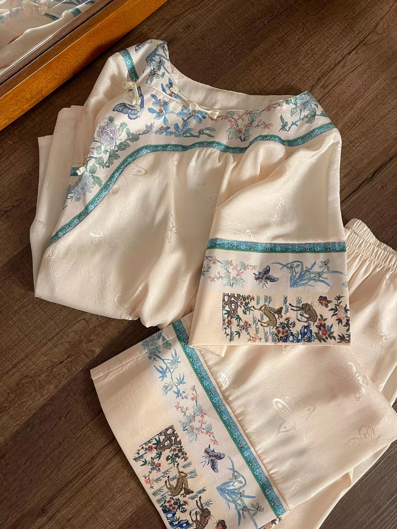 国风新中式提花冰丝短袖睡衣女夏季2025新款大码长裤家居服两件套