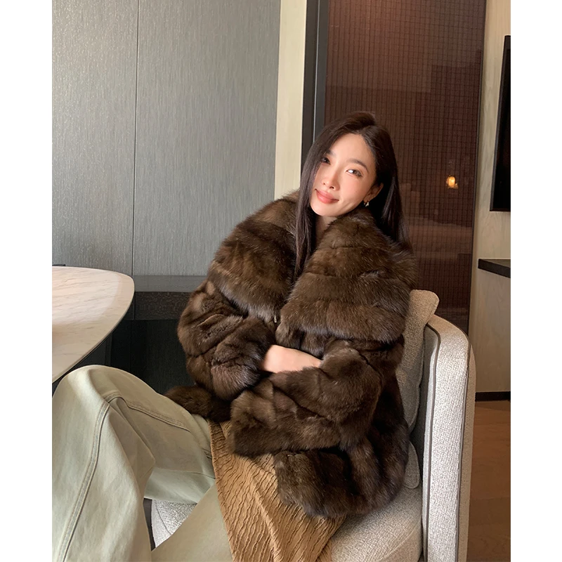 【颖儿】天使之翼新款进口俄罗斯貂皮大衣女V领外套冬季