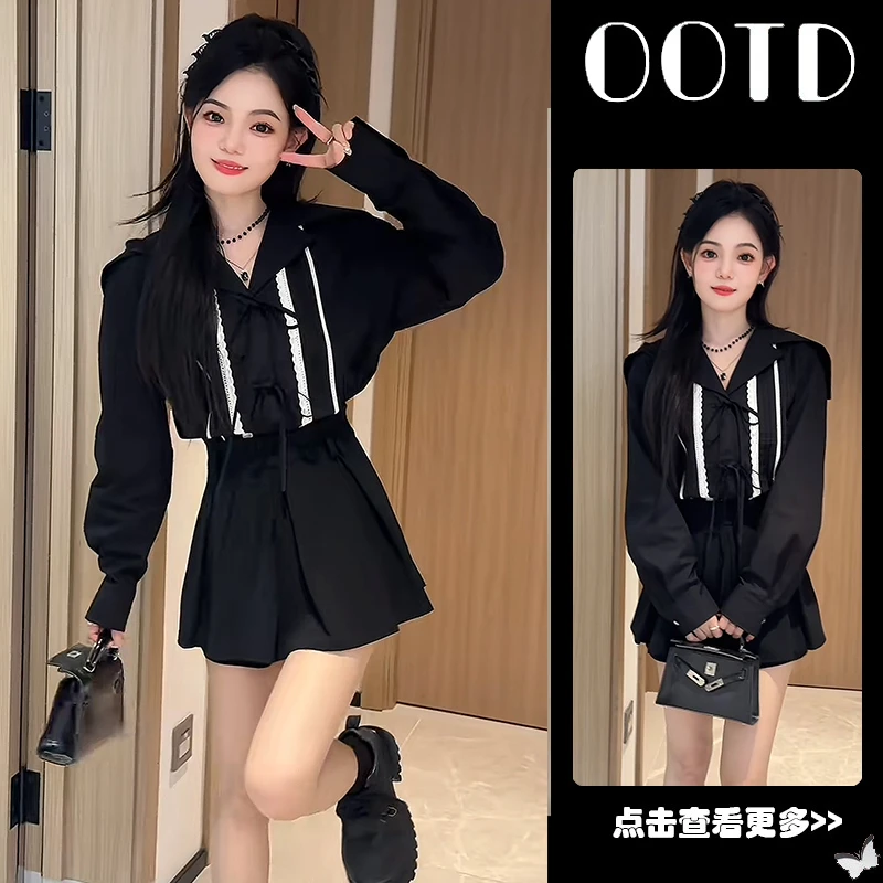 秋季套装女2025新款韩版海军领黑色蝴蝶结衬衫百搭高腰裙裤两件套