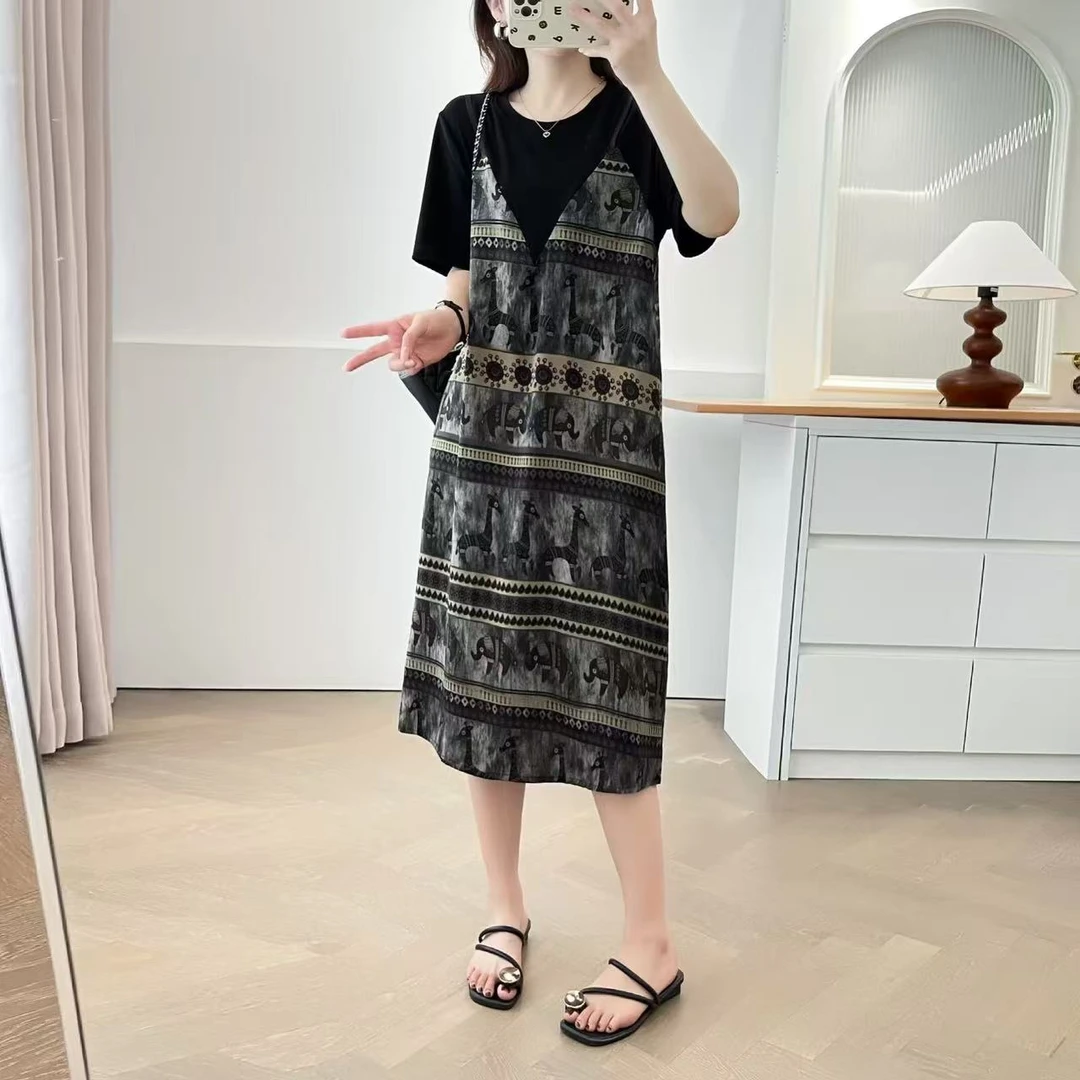 悦悦大码女装夏季连衣裙复古拼接感宽松大码时尚长裙