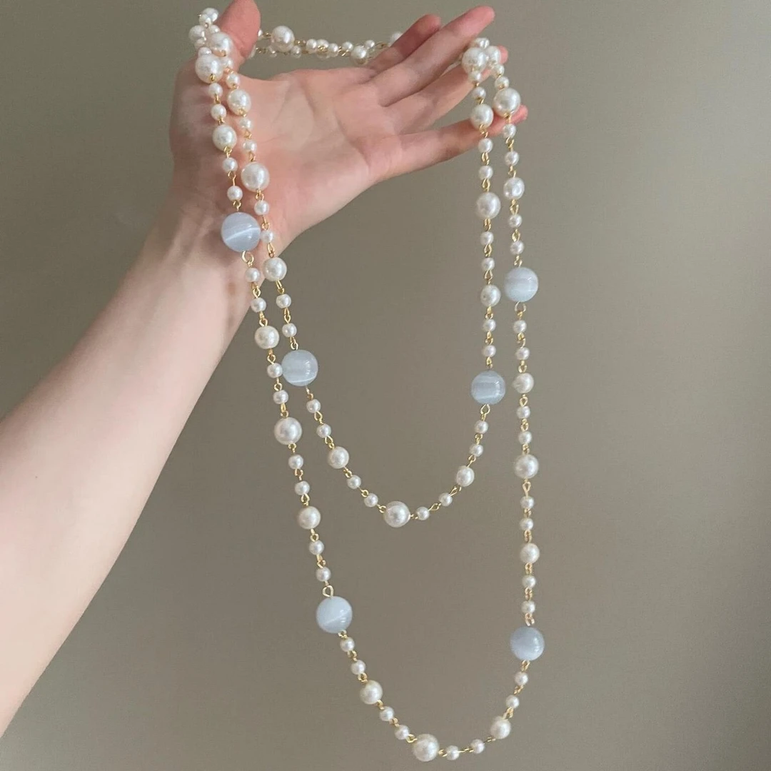 铜合金仿珍珠项链 复古高级感叠戴串珠项链女秋冬百搭长款毛衣链