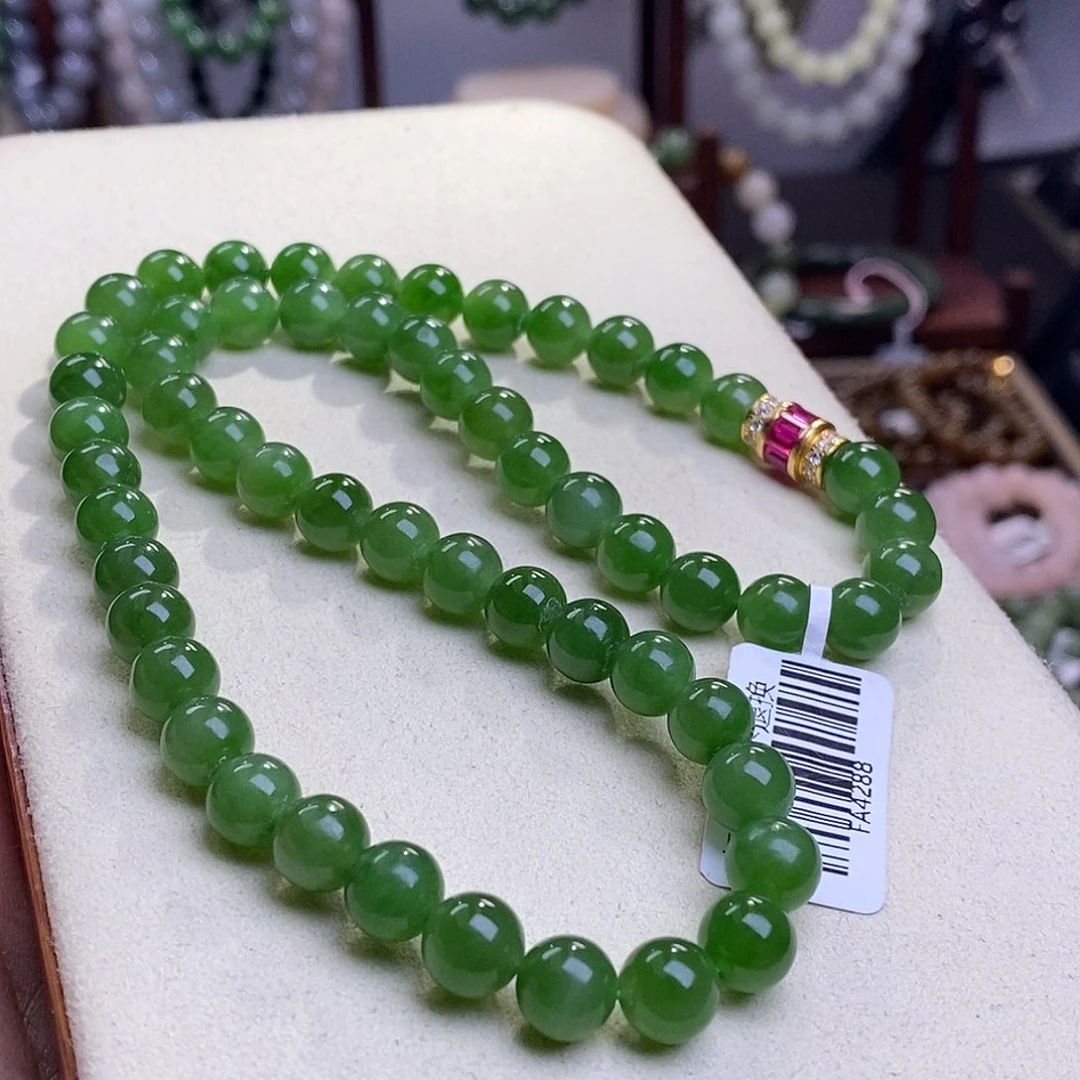 和田玉收藏碧玉俄料七号矿老矿料高冰阳绿项链8未镶风****3