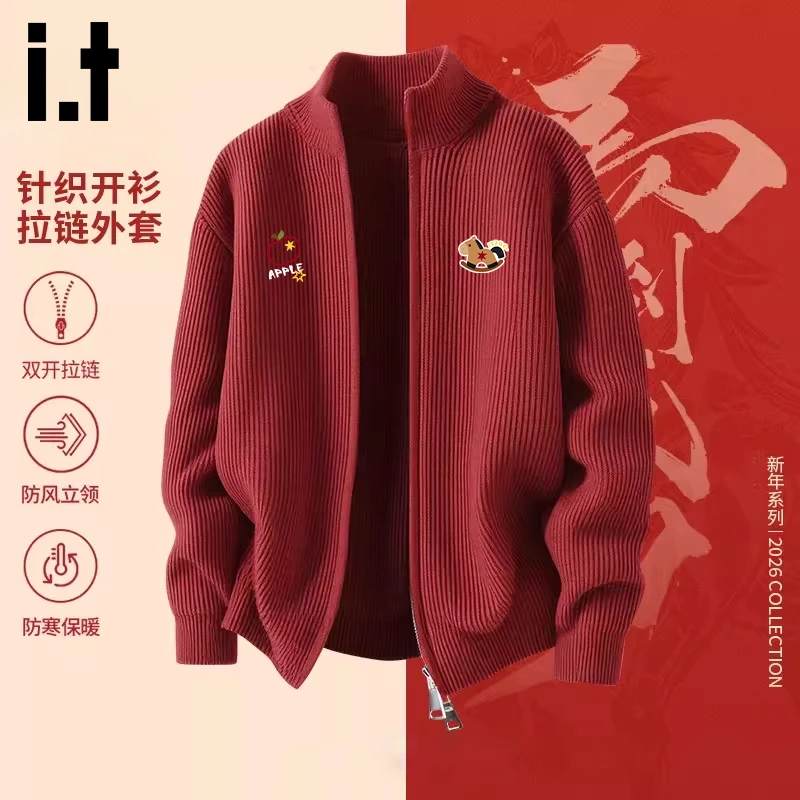 i.t izzue新年喜庆春节红色毛衣情侣过年针织立领开衫外套男女款