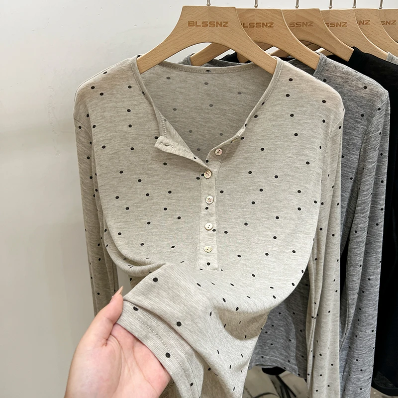 韩版波点女2025新款春夏简约宽松薄款空调衫长袖t恤上衣
