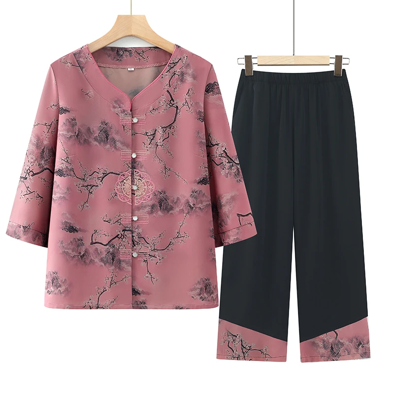 老年人夏装女套装奶奶衬衫新款中老年妈妈洋气开衫两件套太太衣服