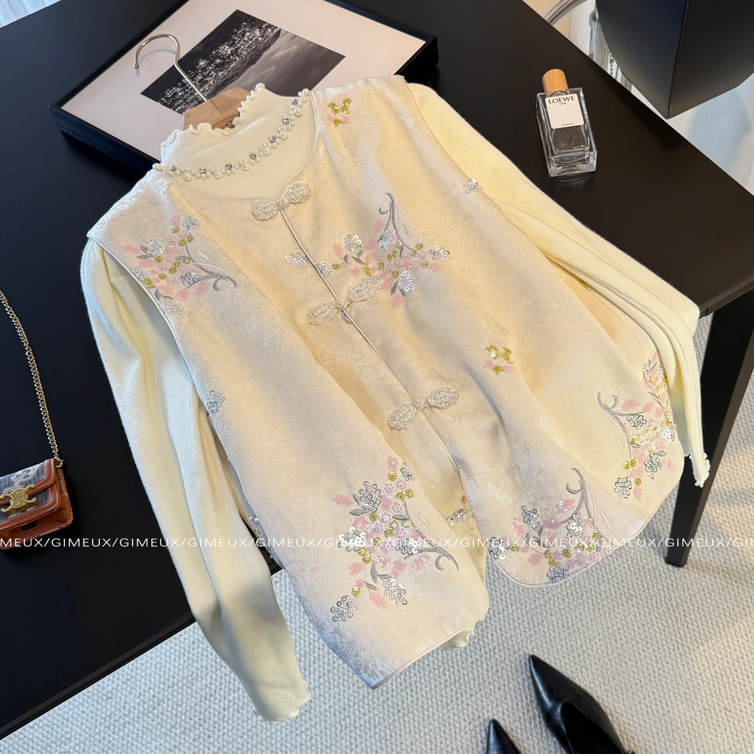 新中式重工刺绣马甲套装女秋冬高级感盘扣国风背心内搭毛衣2025款