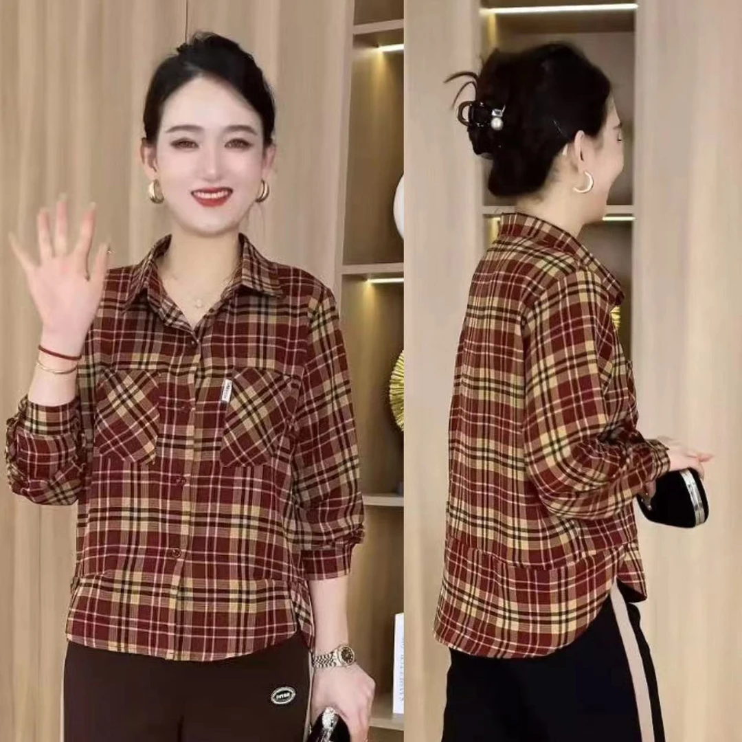 春季新款 翻领洋气长袖百搭减龄格子衬衫女士显瘦时尚休闲衬衣