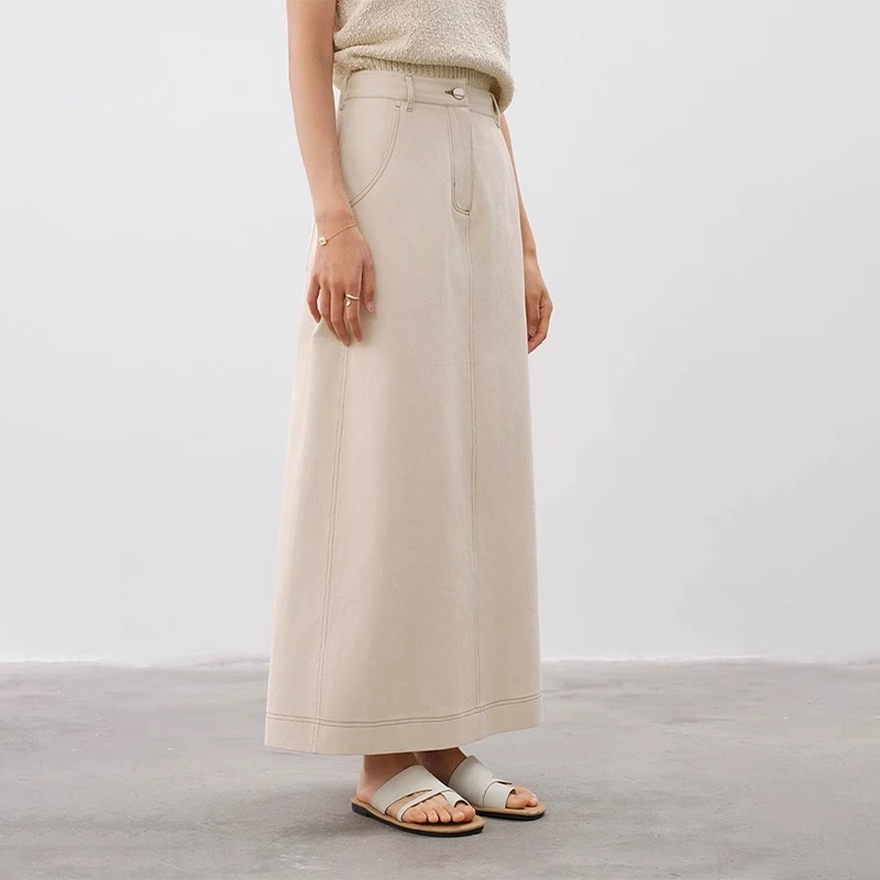 复古米白色牛仔显腿长半身裙夏薄款梨型身材高腰遮胯显瘦百搭长裙