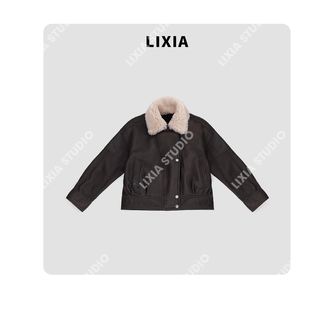 LIXIA【雅飒风华】轻奢机车风皮毛一体加厚保暖利落夹克皮衣-D10621