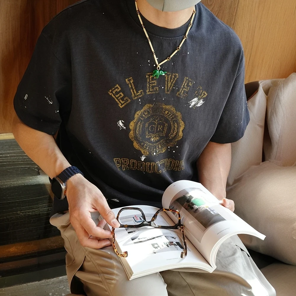 美式复古泼墨字母印花短袖t恤男士夏季新款潮牌品质纯棉短袖T恤
