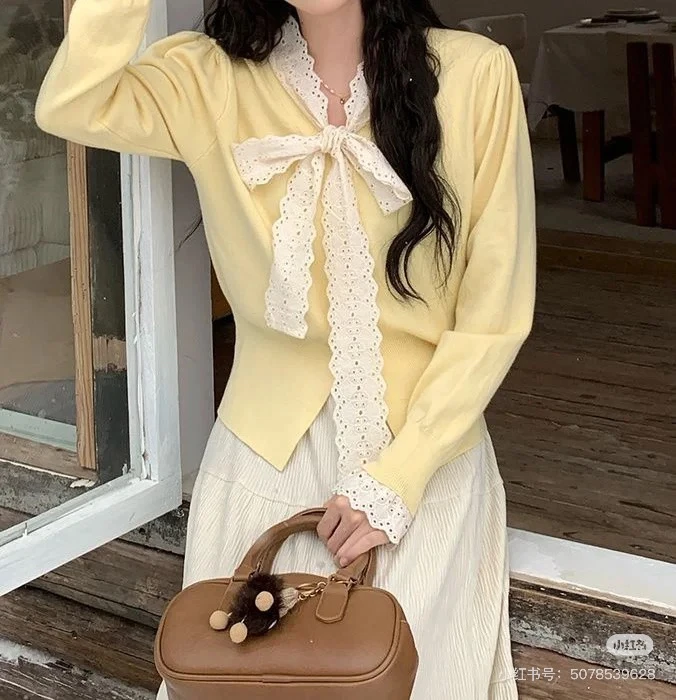 鑫-法式小香风蕾丝蝴蝶结系带针织开衫女秋甜美时髦修身上衣