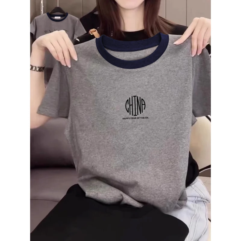 2025新款正肩纯棉短袖t恤女ins休闲百搭插色洋气撞色灰色上衣夏季