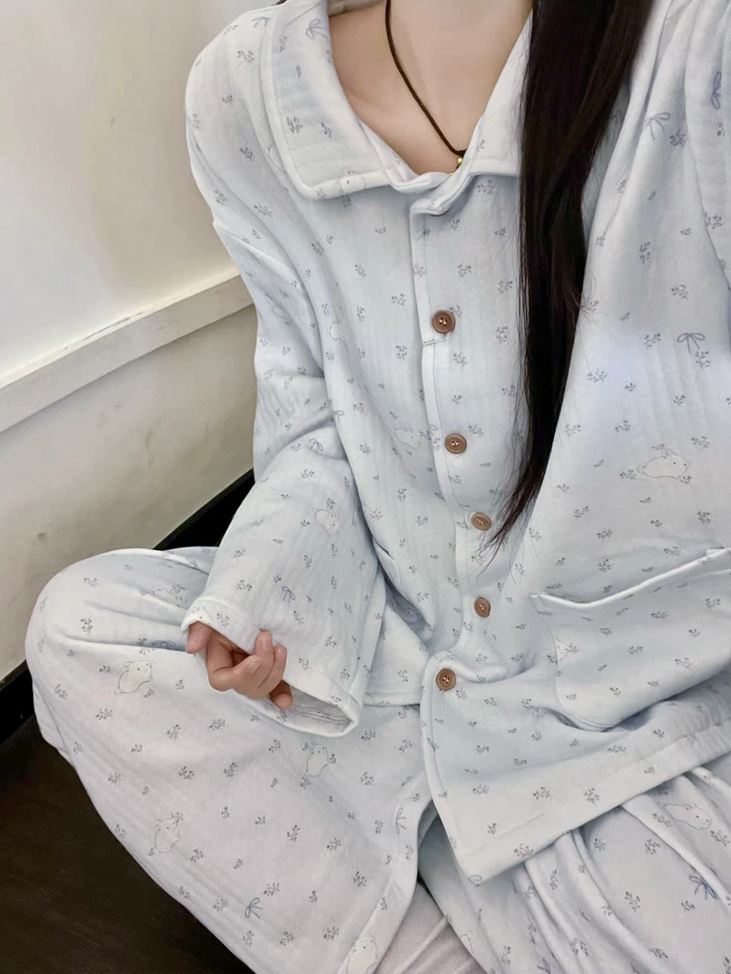 【海盐奶兔】甜美碎花空气棉睡衣女长袖秋冬季加厚保暖家居服套装