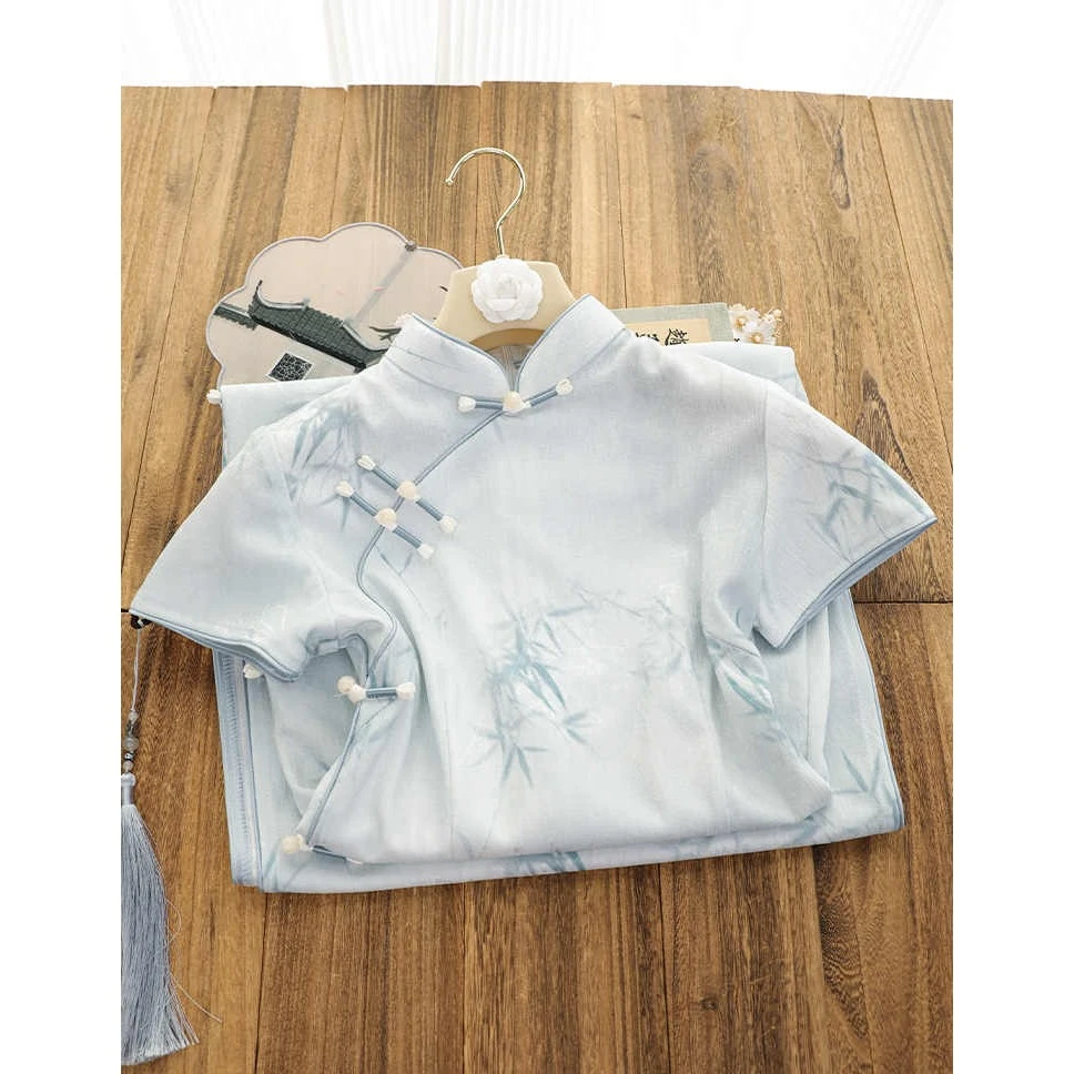 俏娘鱼复古风2025年春季新款蓝色改良新中式短袖旗袍日常穿年轻款