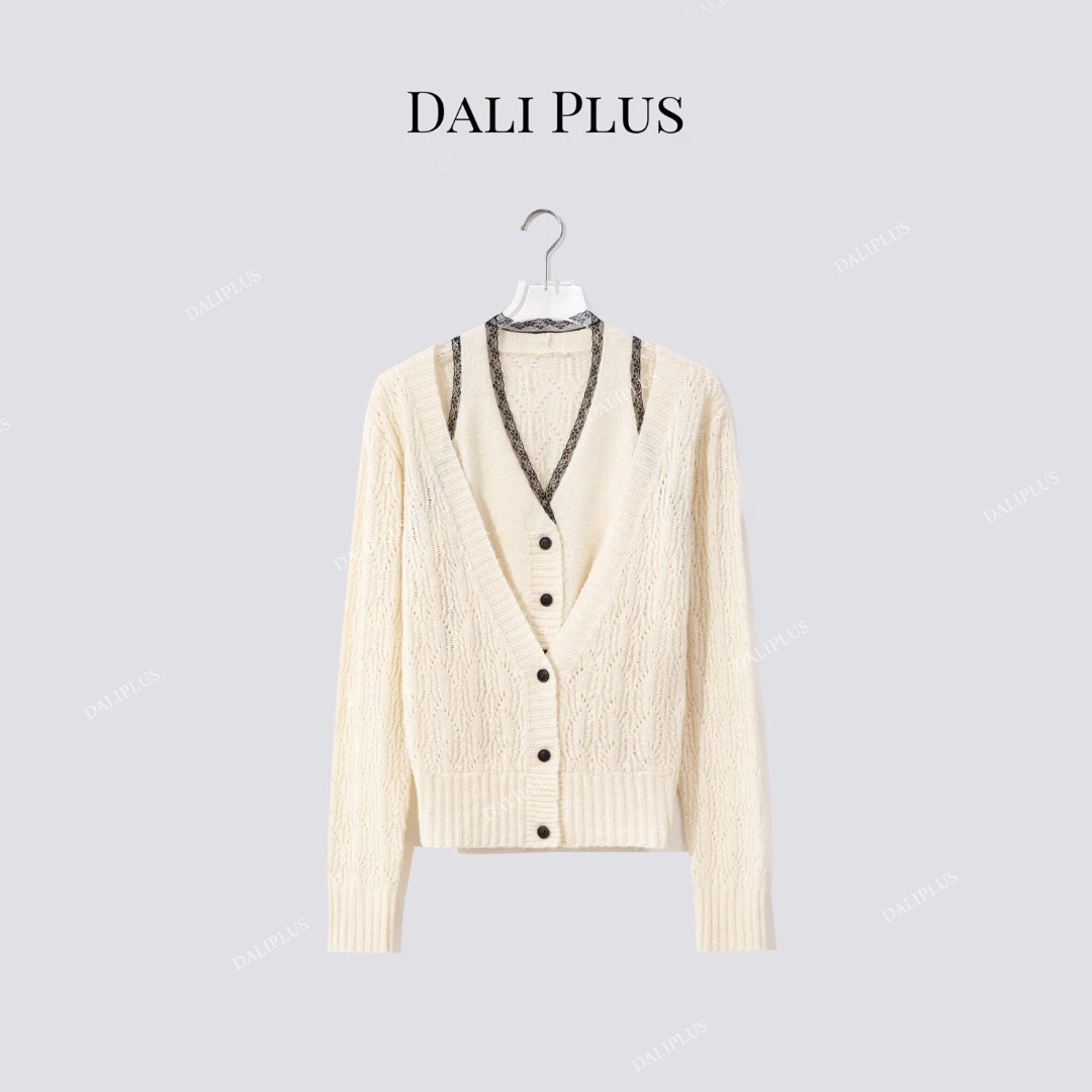 DALI PLUS“山羊绒针织开衫”黑蕾丝拼接假两件上衣针织-D5CH4698