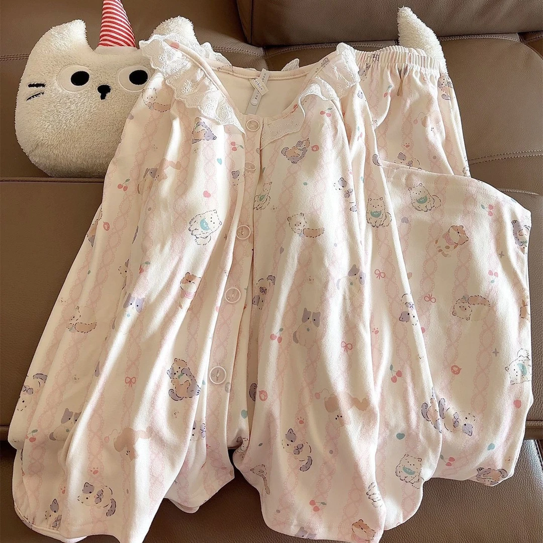 2025新款德绒睡衣女秋冬季带胸垫长袖保暖卡通可爱小猫家居服套装