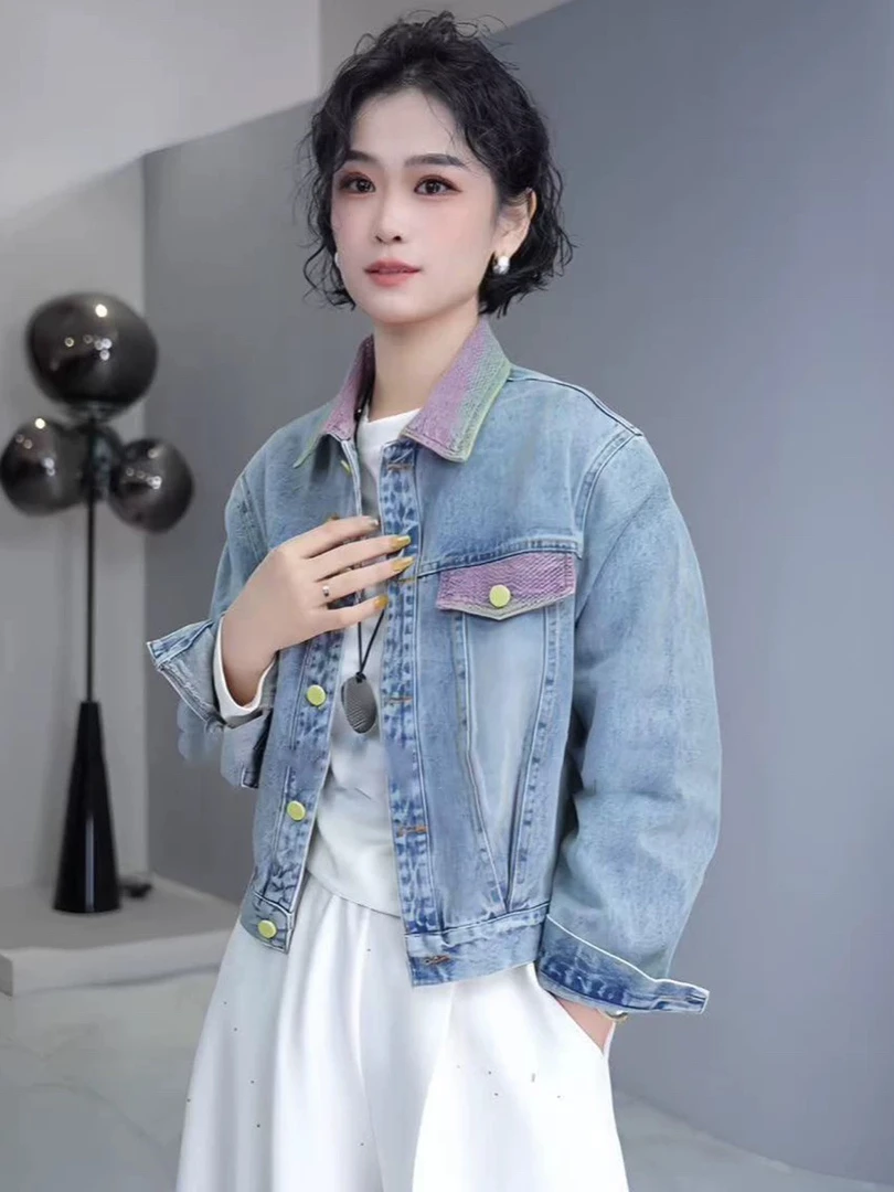 2025今年流行爆款减龄漂亮洋气蓝色短款牛仔外套女春季彩虹小上衣