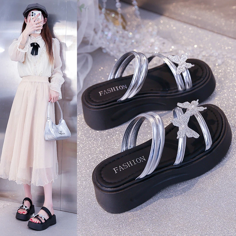 【澳门专柜正品】水钻蝴蝶结厚底凉拖鞋女2025新款夏季绝美配裙子两