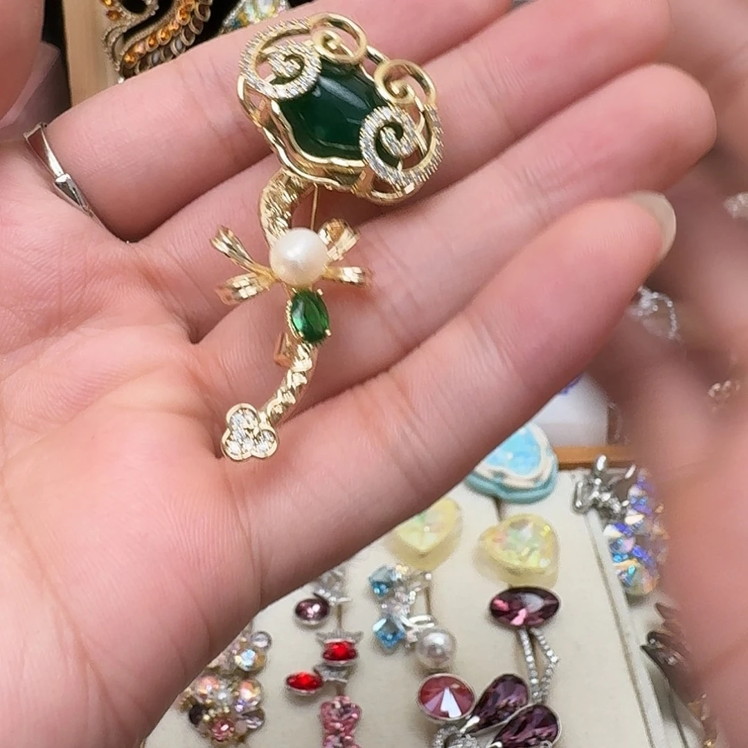 琉璃铜合金玉如意水晶珍珠胸针