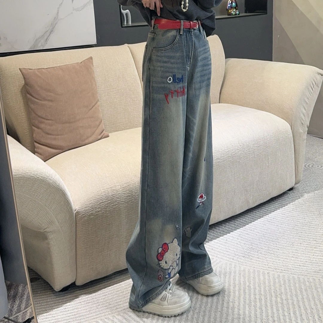 『桃桃雪芙』2025冬季新款Kitty猫加绒直筒牛仔裤H6839