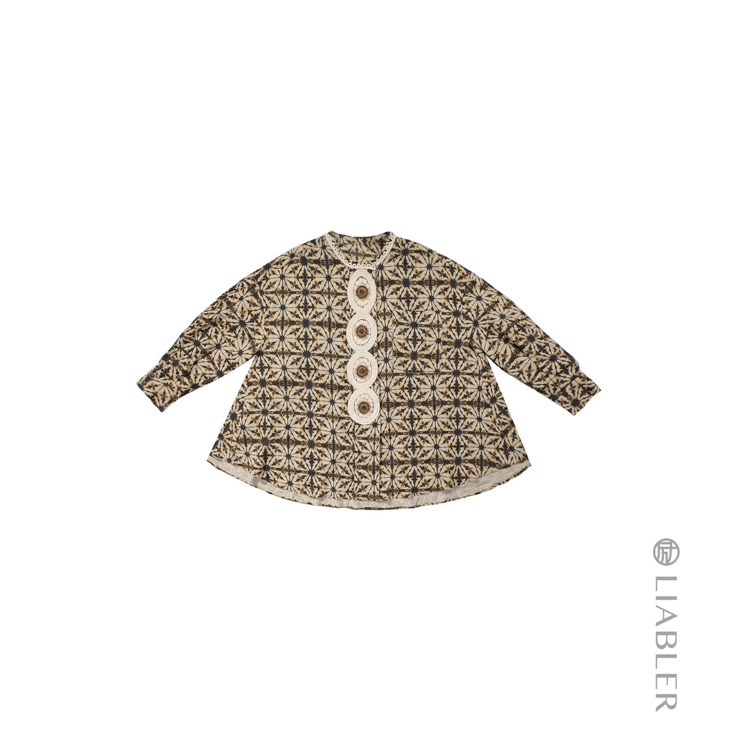 LIABLER/励【墨香轻染】2025春夏复古印花亚麻衬衫上衣 LSS251010J