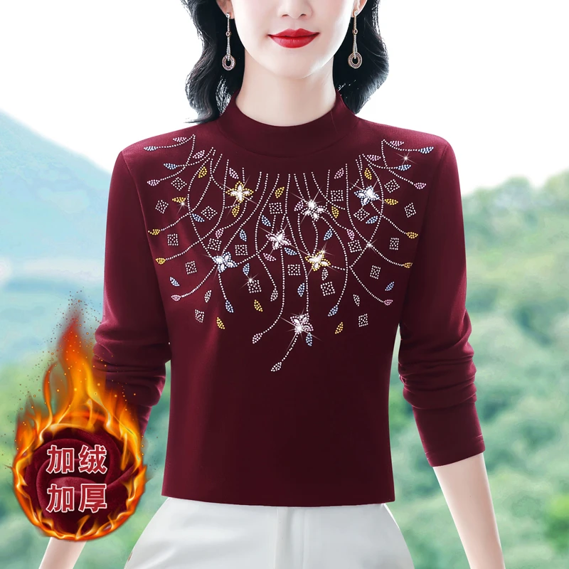 半高领加绒打底衫女内搭T恤2025冬季新款时髦烫钻小衫高级感上衣