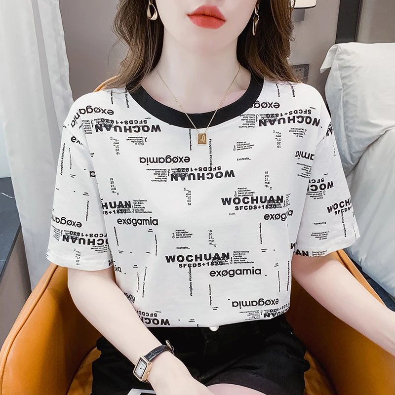 白色正肩短袖女t恤2025新款百搭休闲半袖字母印花打底衫圆领上衣