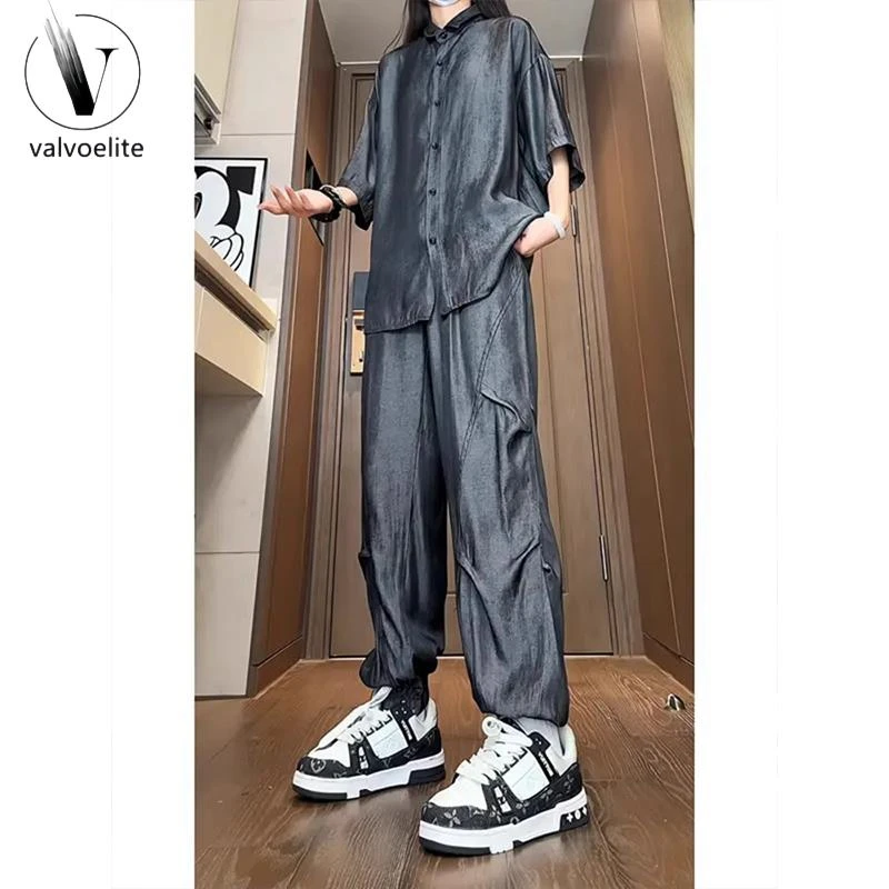 VALVOELITE激光醋酸缎面两件套装夏季冰丝套装男生穿搭高级感痞帅
