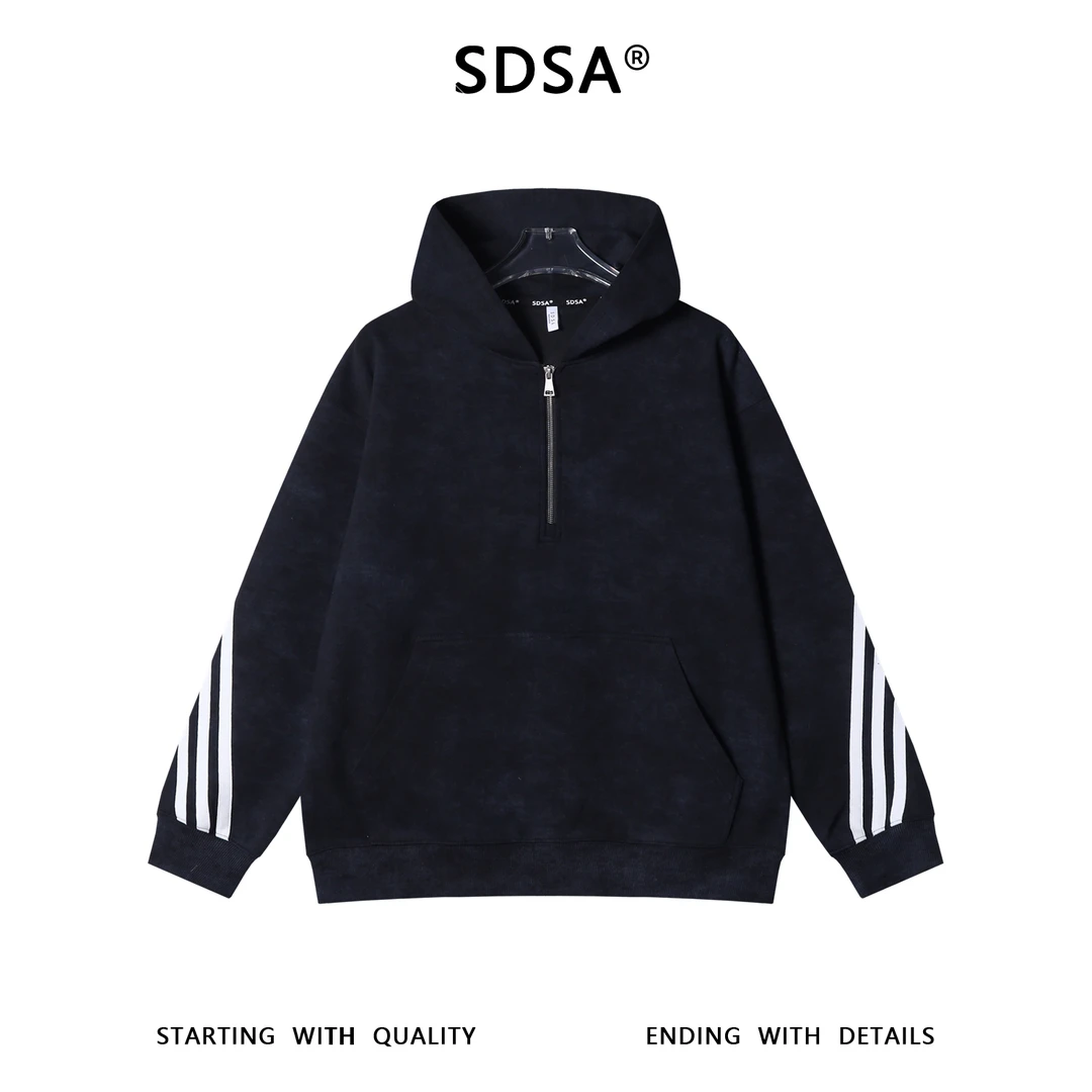 SDSA秋冬新款痞帅男装韩版撞色织带半拉链连帽卫衣百搭时尚外套