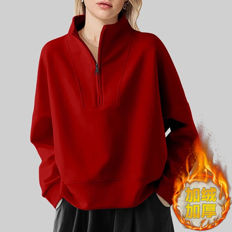 加绒加厚红色卫衣女2025秋冬新款本命年半拉链长袖小个子蛇年上衣