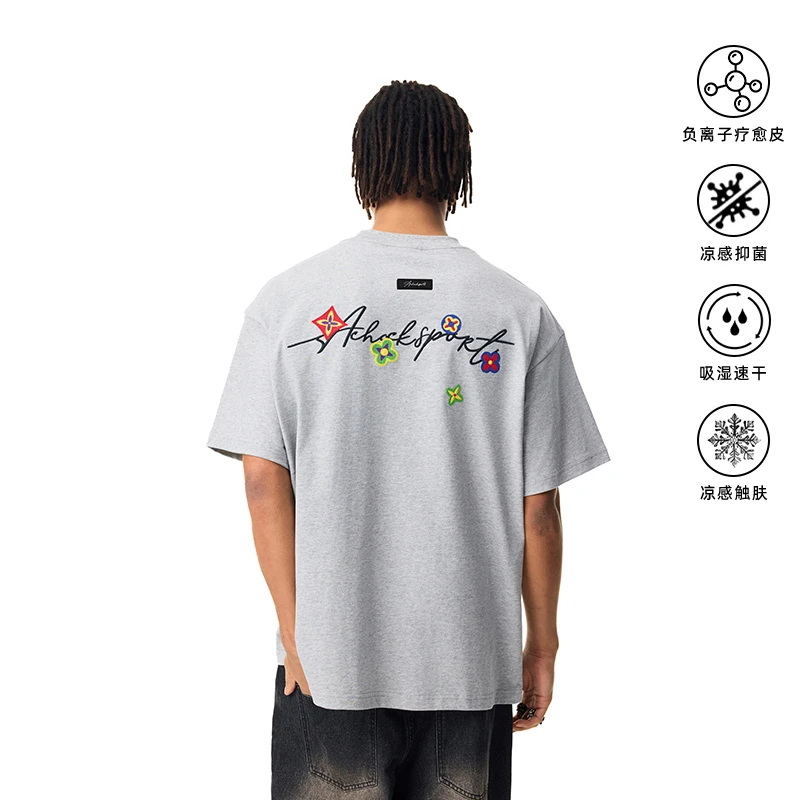 【Achock官方店】潮牌速干透气凉感手写体刺绣短袖新款宽松情侣半袖