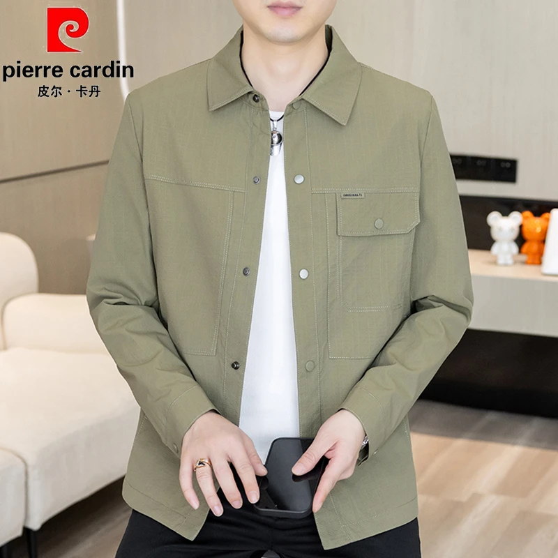 皮尔卡丹春秋新款男装翻领格子外套男士风上衣商务休闲行政夹克男