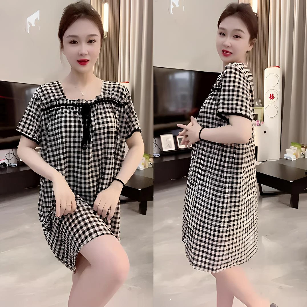 夏季大码韩版时尚连衣裙通勤风豹纹薄款针织耐磨睡裙碎花宽松性感