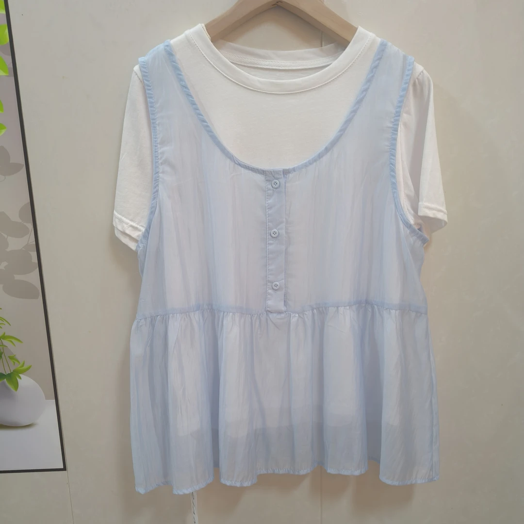 休闲风拼接直筒型短袖纯色T恤宽松白色百搭二件套