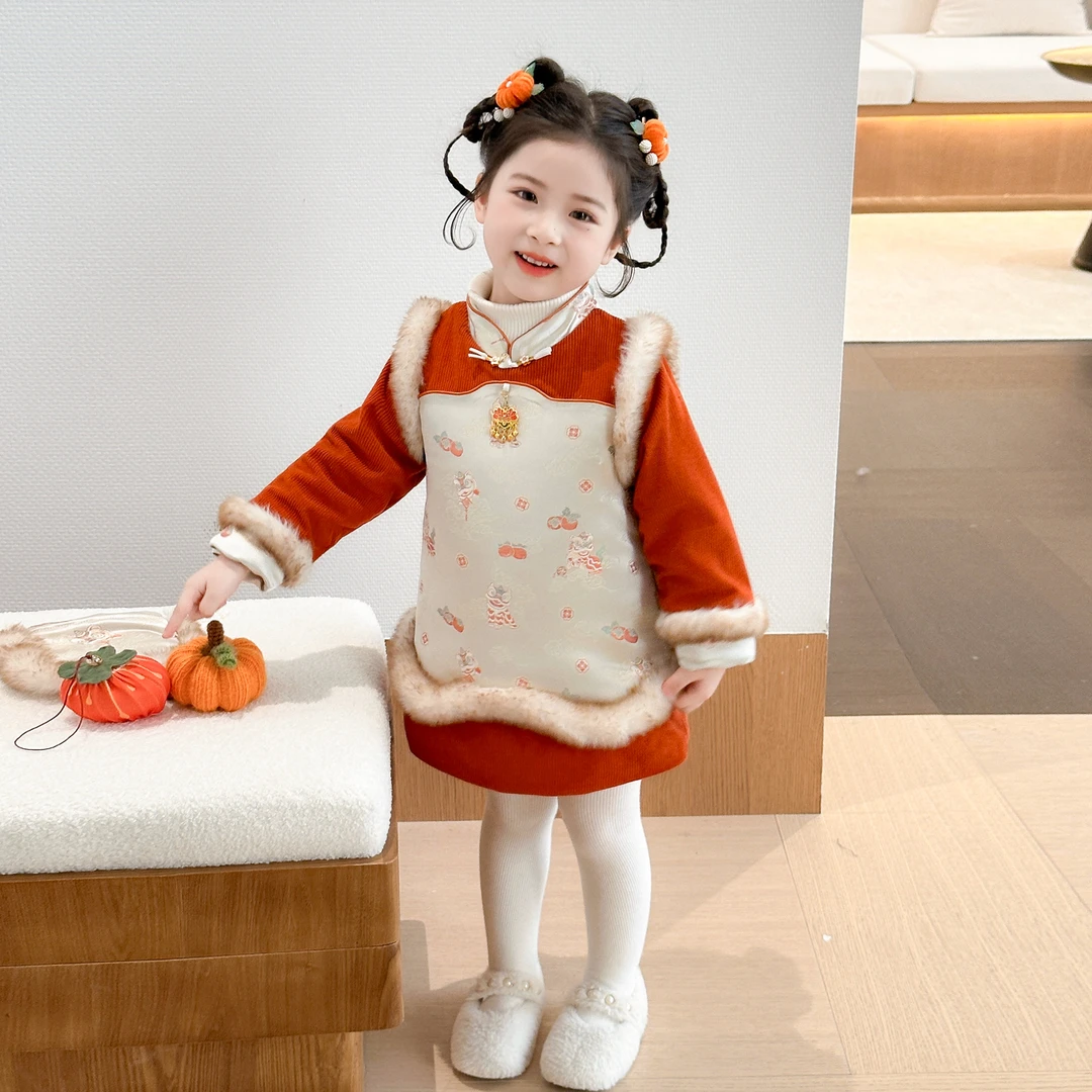 女童加绒旗袍裙2026新款冬季儿童加厚新中式汉服女宝宝中国风套装